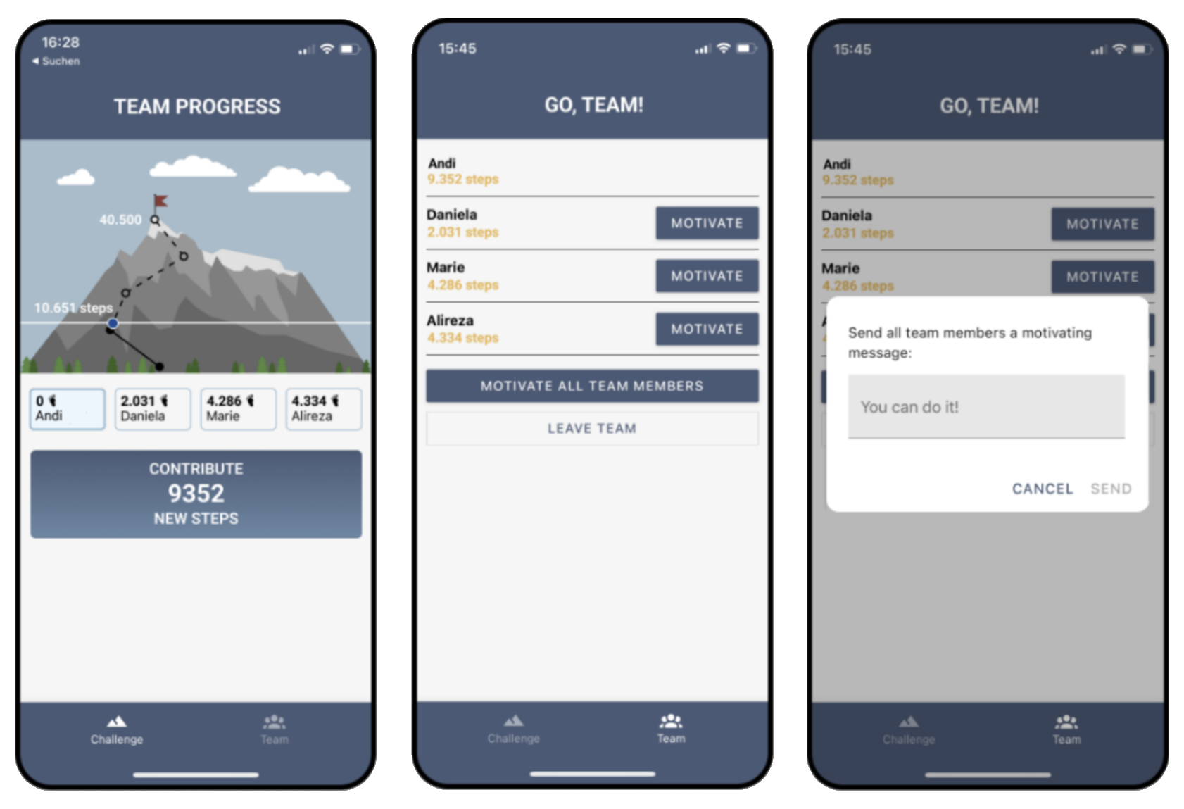 Screens of the original shared achievements app